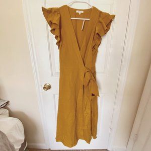 Madewell Linen-Blend Ruffle-Sleeve Wrap Midi Dress Antique Gold Size S